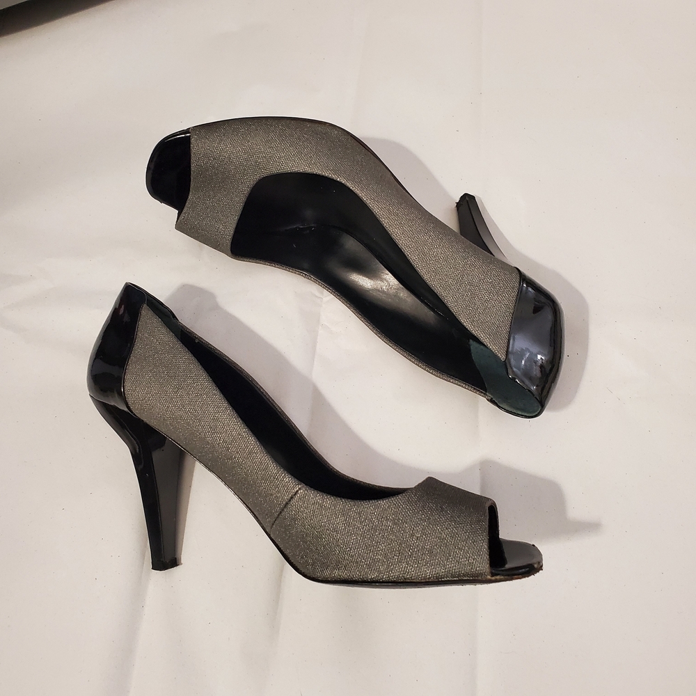 Nine West Black and Silver Peep-Toe Heels